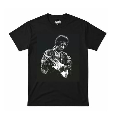 Polera negra de Jimi Hendrix, guitarra vintage