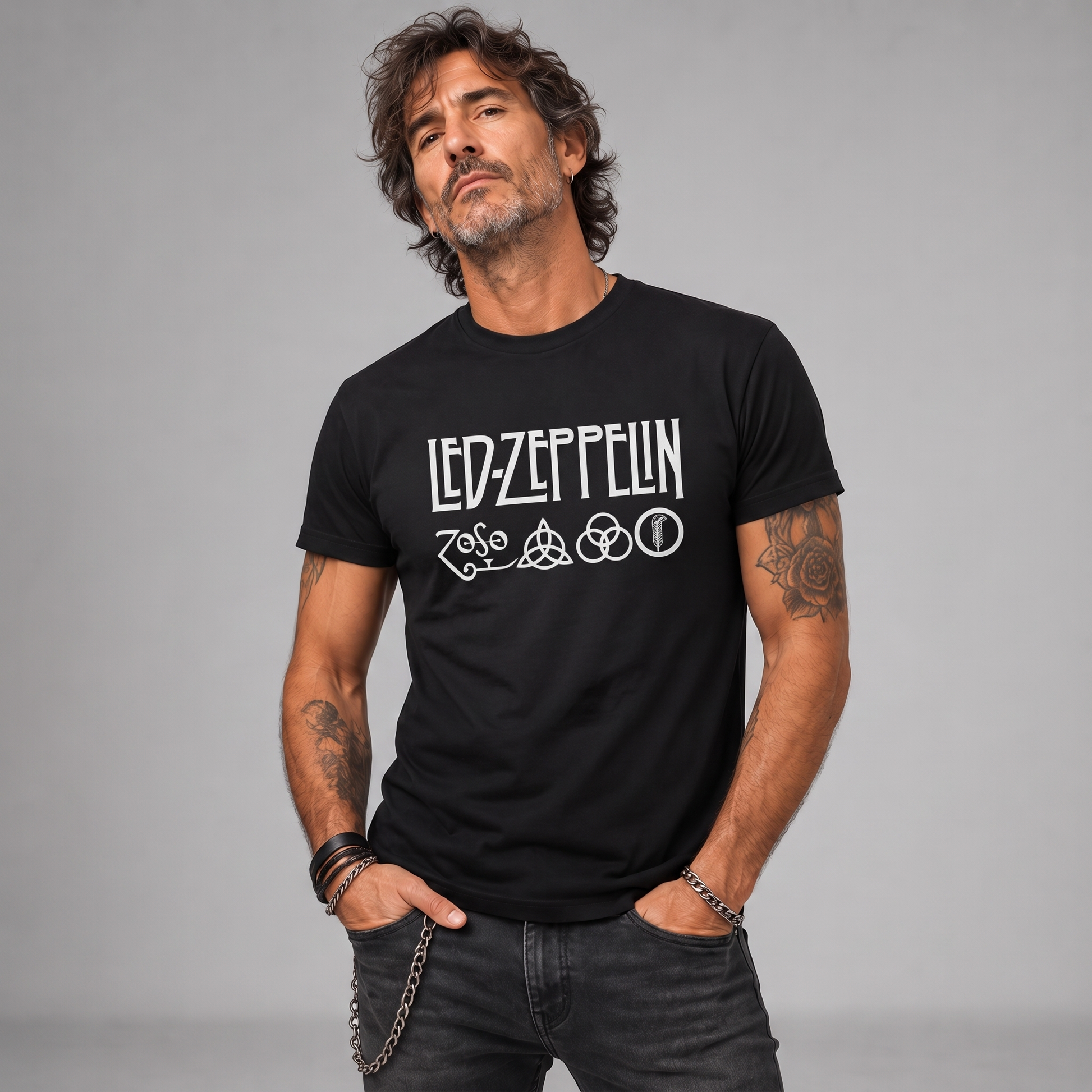 Modelo con la polera de Led Zeppelin de Poleras de Rock