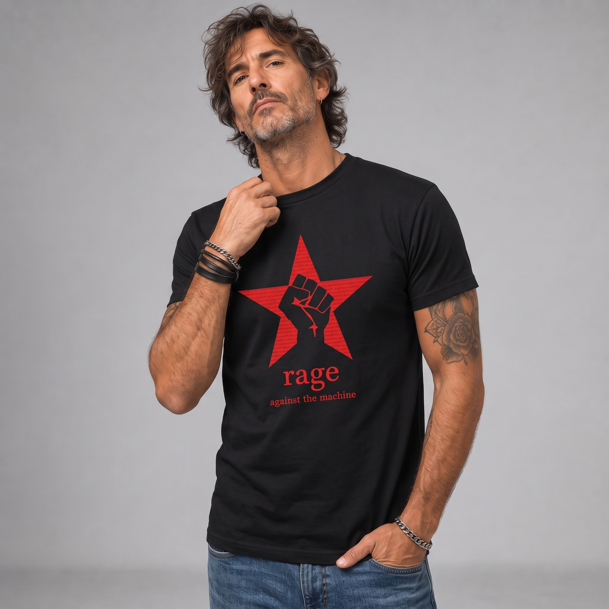 Modelo con la polera de Rage Against The Machine de Poleras de Rock