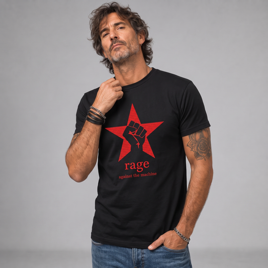 Modelo con la polera de Rage Against The Machine de Poleras de Rock