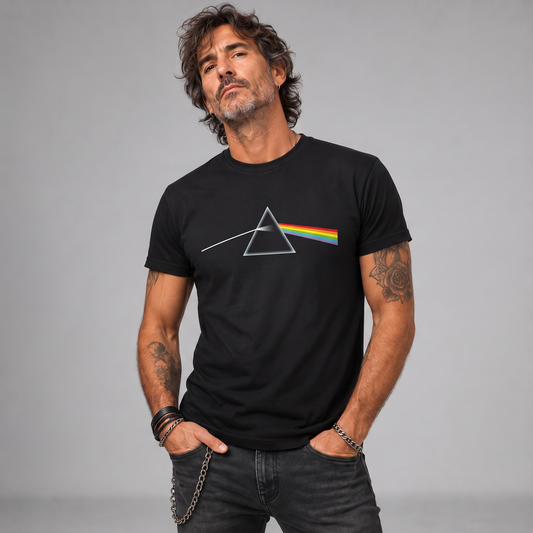 Modelo con la polera de Pink Floyd Dark Side of the Moon de Poleras de Rock