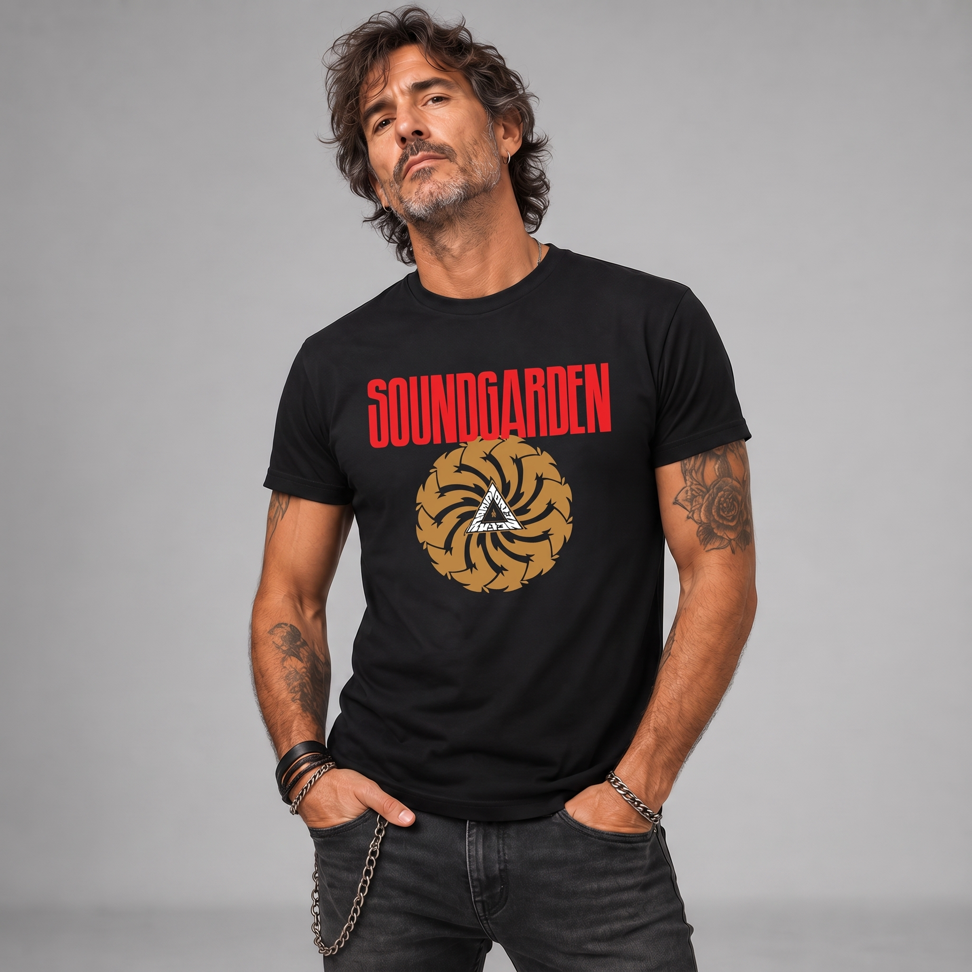 Modelo con la polera de Soundgarden Badmotorfinger de Poleras de Rock