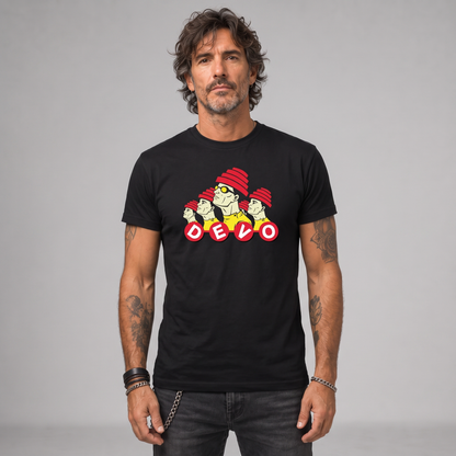 Modelo con la polera de Devo de Poleras de Rock