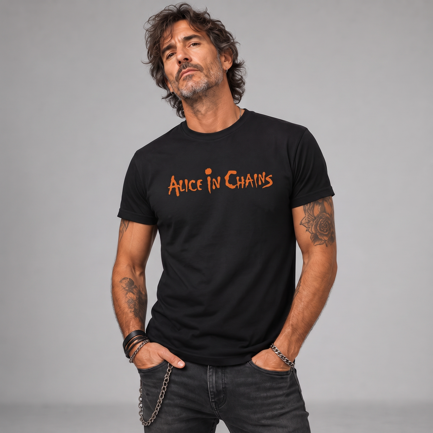 Modelo con la polera de Alice In Chains de Poleras de Rock
