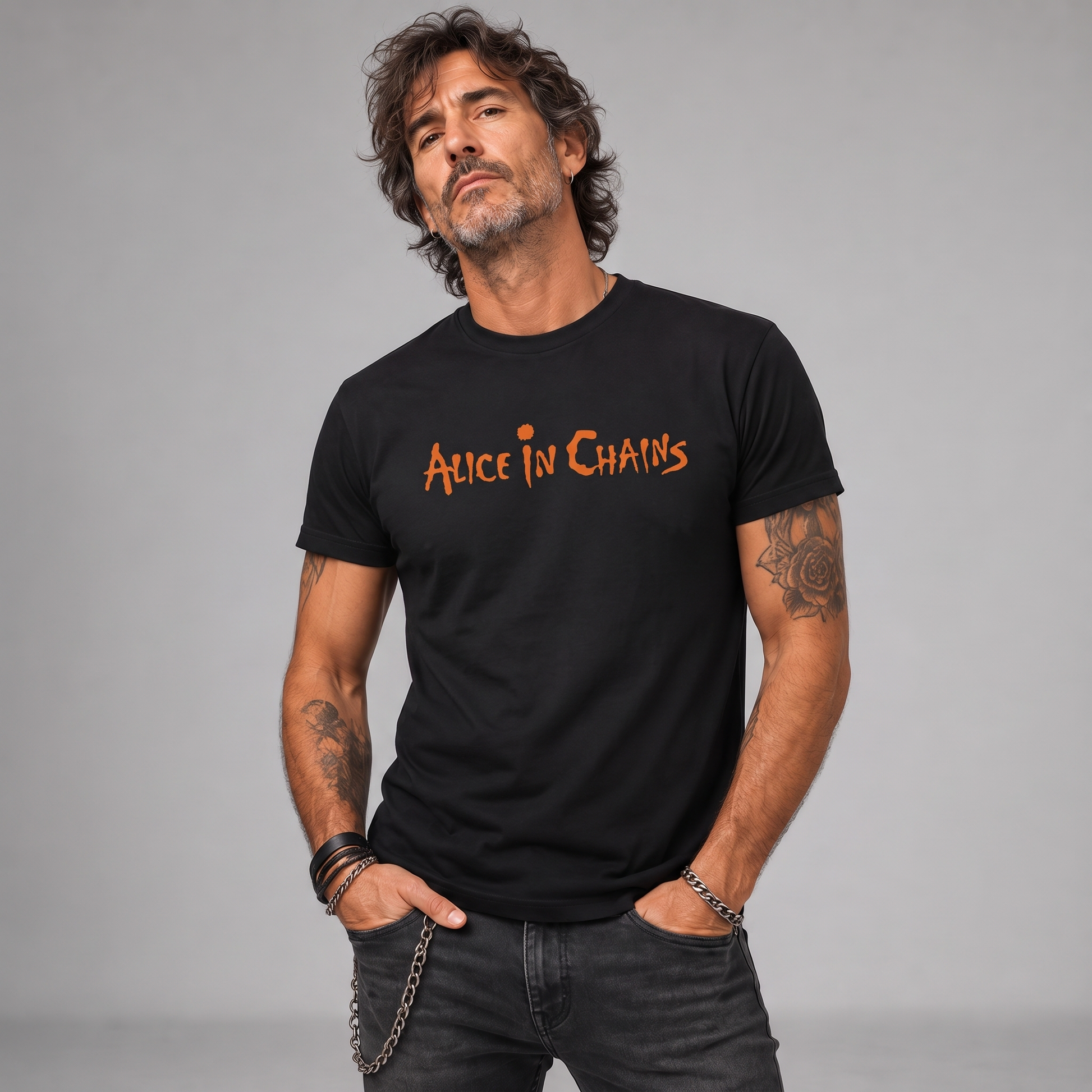 Modelo con la polera de Alice In Chains de Poleras de Rock