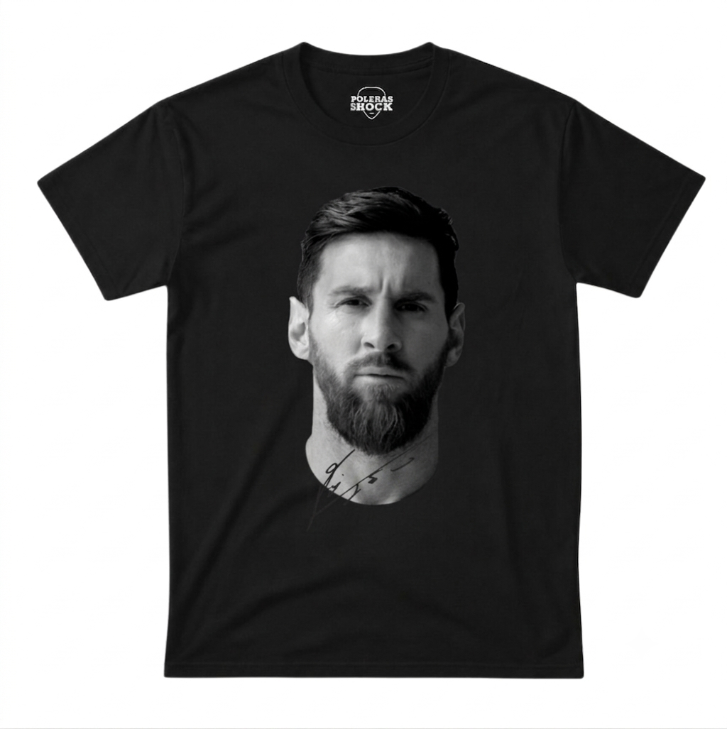 Polera Lionel Messi GOAT – Retrato Firma Fútbol Leyenda Negra