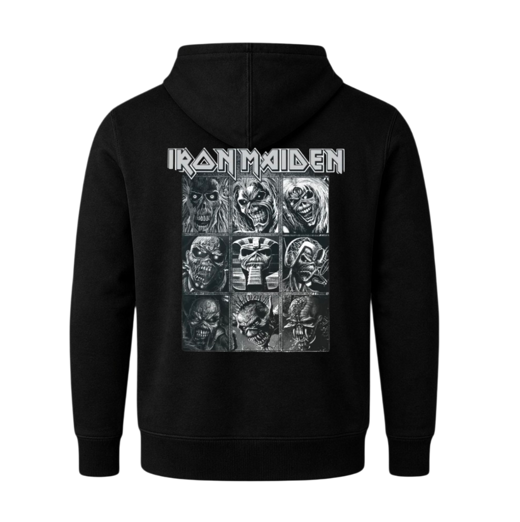 Polerón Canguro Iron Maiden - Clásico Logo Rojo y Collage Eddie (Estampado Frente y Espalda)