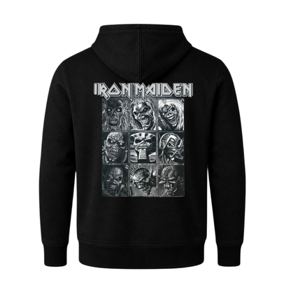 Polerón Canguro Iron Maiden - Clásico Logo Rojo y Collage Eddie (Estampado Frente y Espalda)