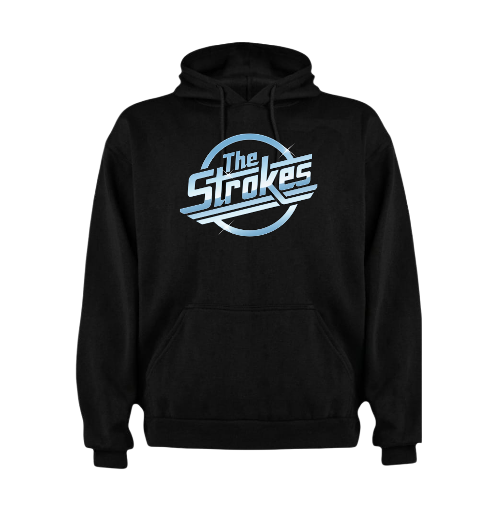 Poleron Canguro y Capucha Negro The Strokes Logo Retro Celeste