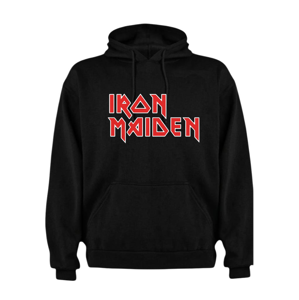 Polerón Canguro Iron Maiden - Clásico Logo Rojo y Collage Eddie (Estampado Frente y Espalda)